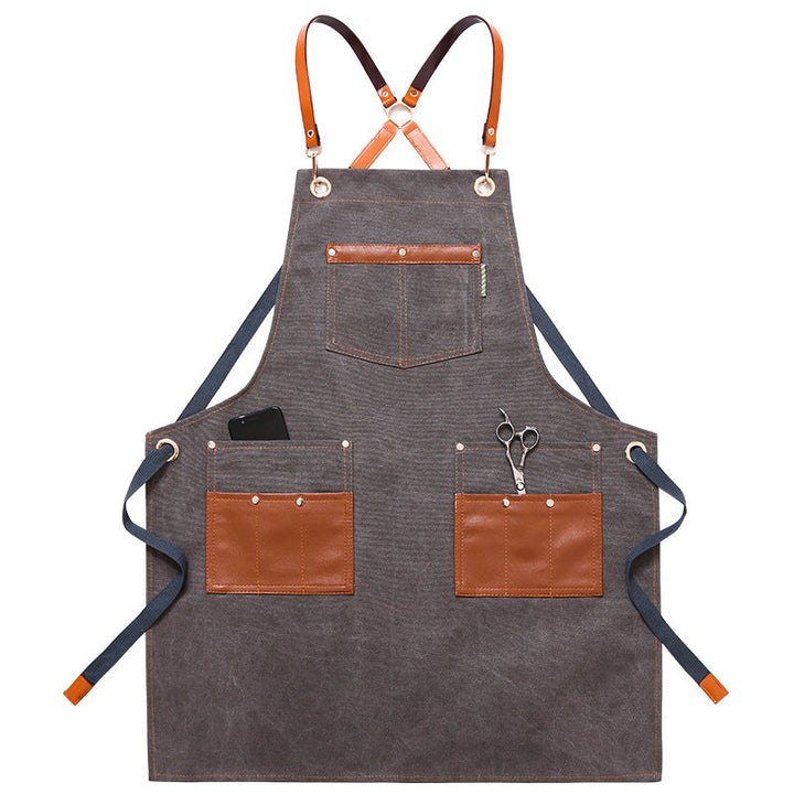 Cross-Back Stylist Apron with Tool Pockets and Leather Trim