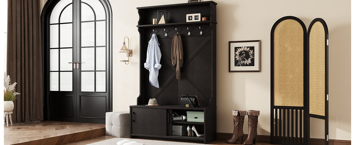 Entryway Hall Tree with Bench, Shoe Cabinet and Hooks