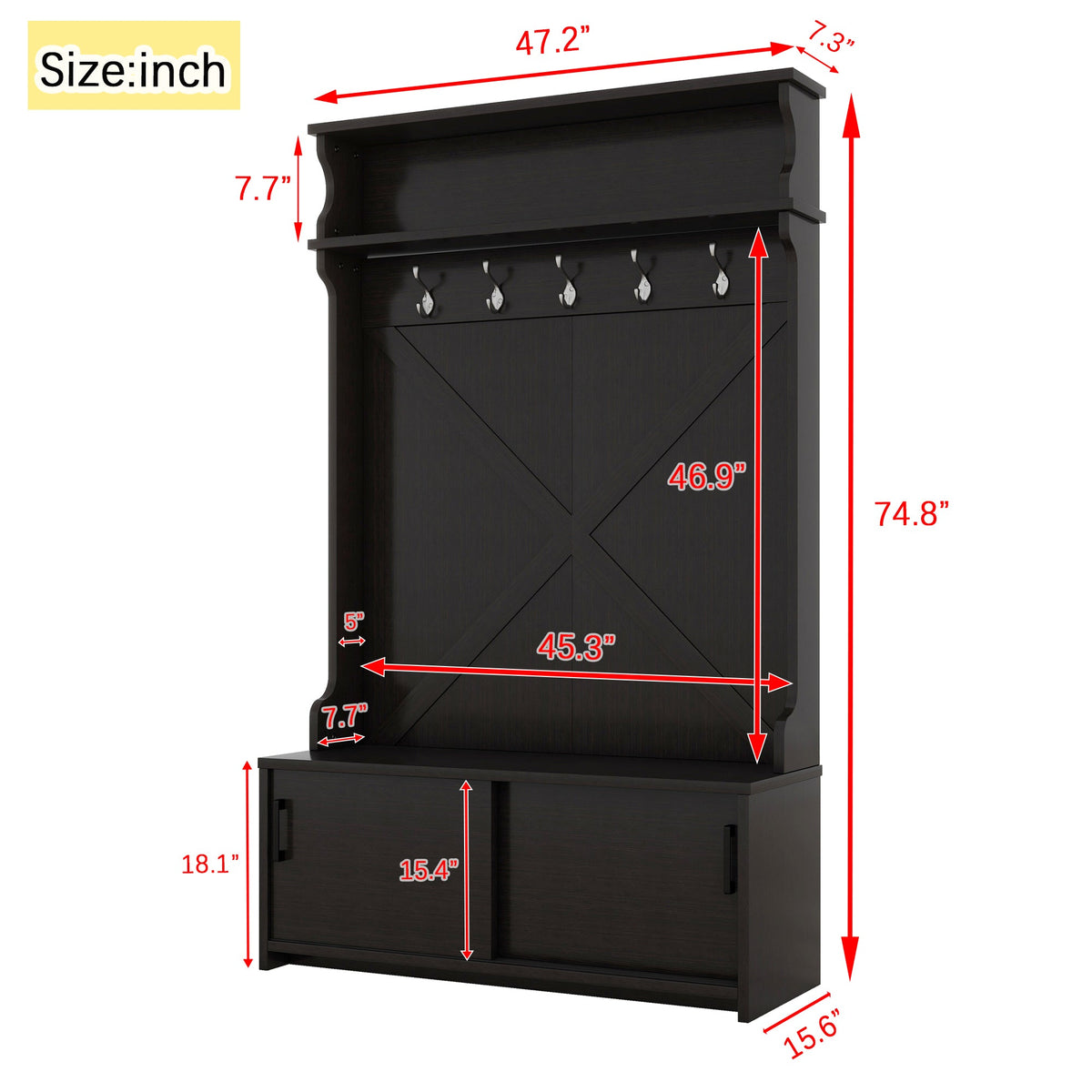 Entryway Hall Tree with Bench, Shoe Cabinet and Hooks