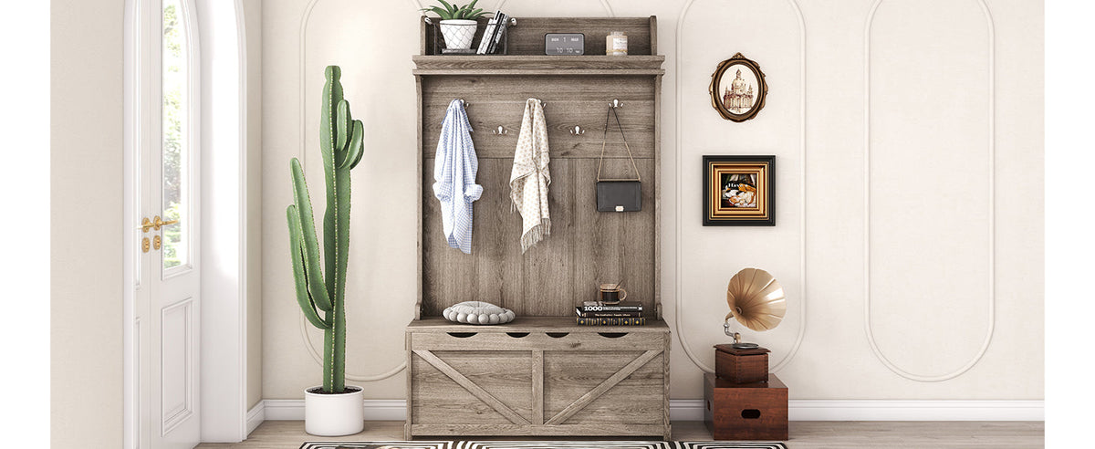 Oak Entryway Hall Tree with Storage Bench and Hooks