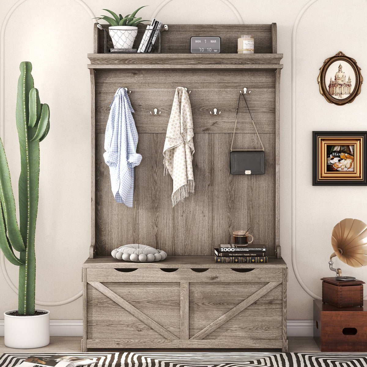 Oak Entryway Hall Tree with Storage Bench and Hooks