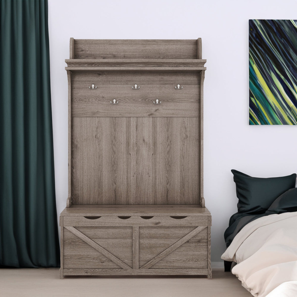 Oak Entryway Hall Tree with Storage Bench and Hooks