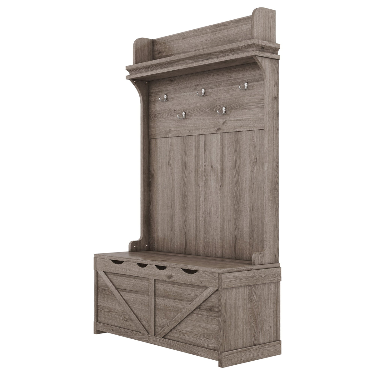 Oak Entryway Hall Tree with Storage Bench and Hooks