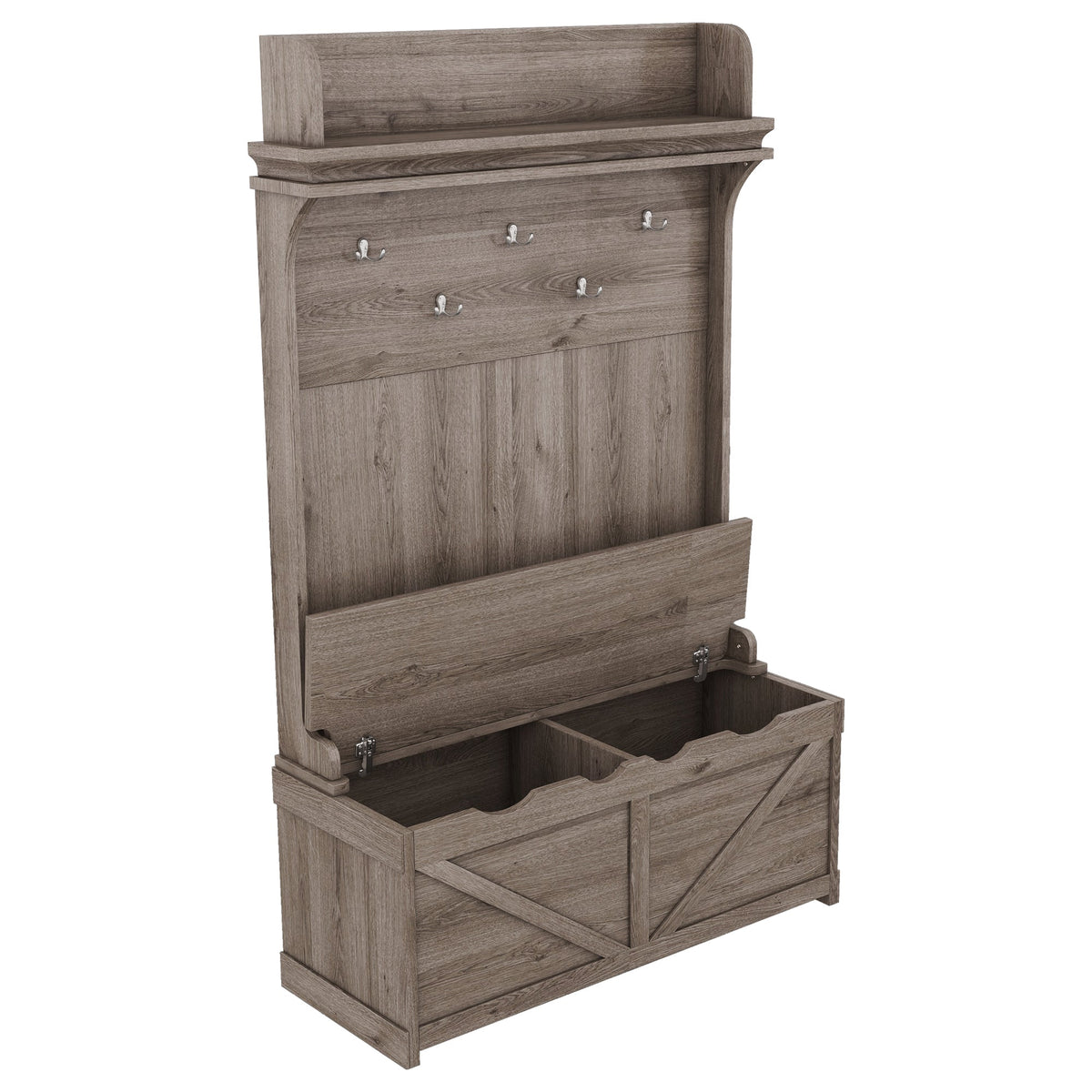 Oak Entryway Hall Tree with Storage Bench and Hooks