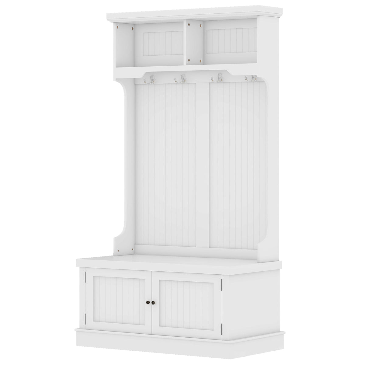 Hall Tree with Shoe Bench and Coat Hooks, White