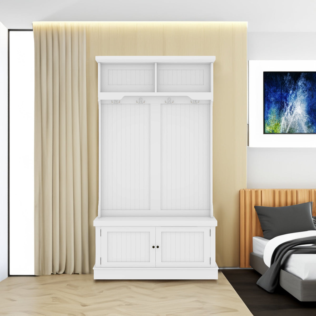 Hall Tree with Shoe Bench and Coat Hooks, White