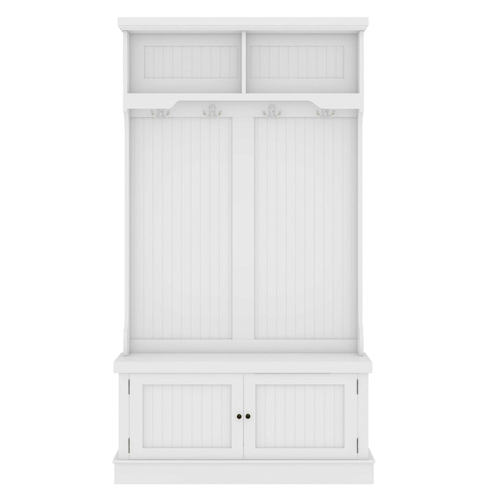 Hall Tree with Shoe Bench and Coat Hooks, White