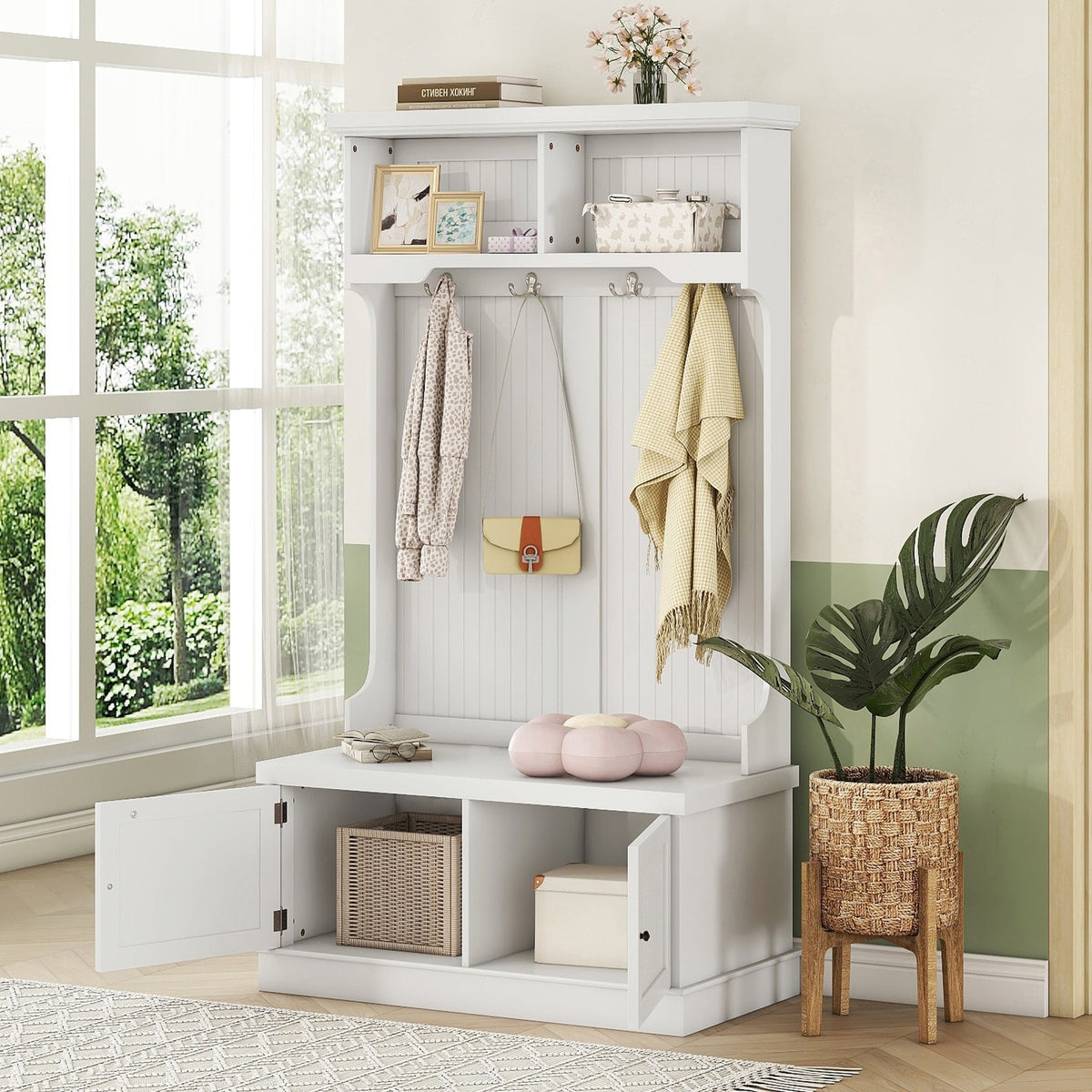 Hall Tree with Shoe Bench and Coat Hooks, White