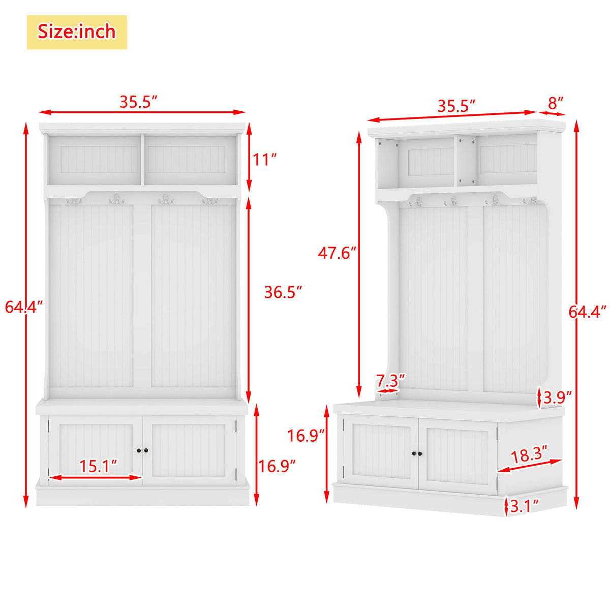 Hall Tree with Shoe Bench and Coat Hooks, White