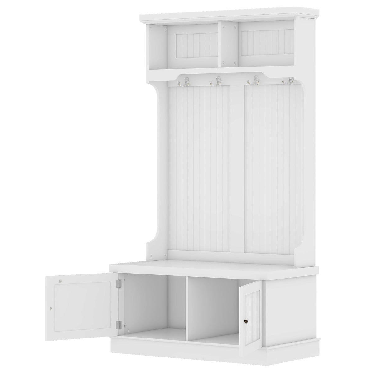 Hall Tree with Shoe Bench and Coat Hooks, White
