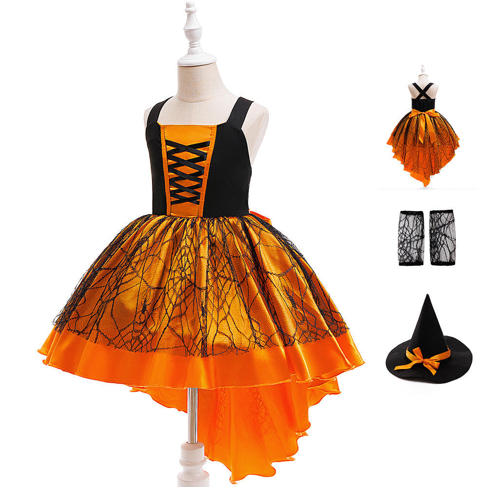 Girls Halloween Costume Dress With Dramatic Trail Skirt