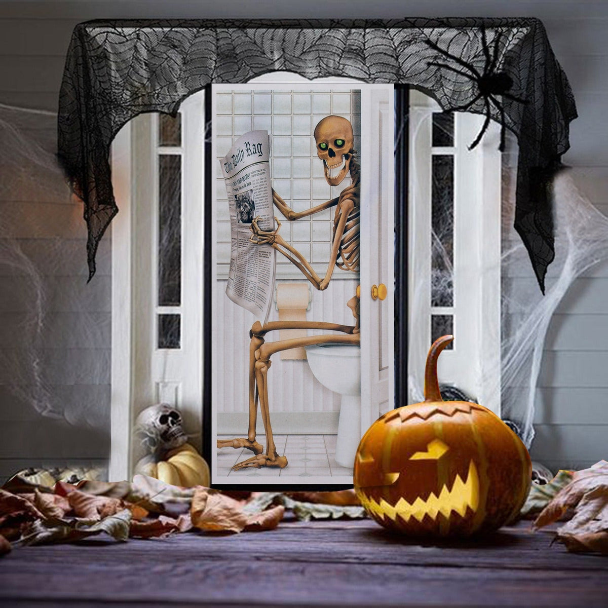 Skeleton Restroom Door Cover – Spooky Glass Door Decor