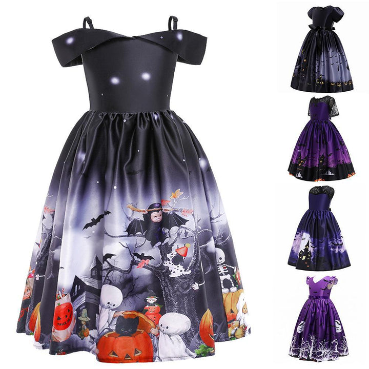Girls Halloween Costume Dress With Full Spooky Skirt