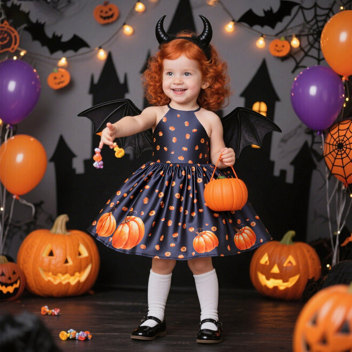 Pumpkin Print Princess Dress for Girls | Halloween