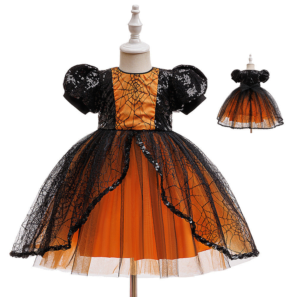 Girls' Halloween Costume Dress With Spiderweb Tulle
