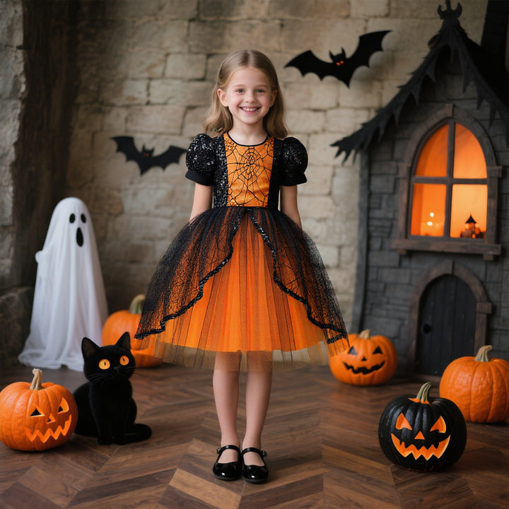 Girls' Halloween Costume Dress With Spiderweb Tulle