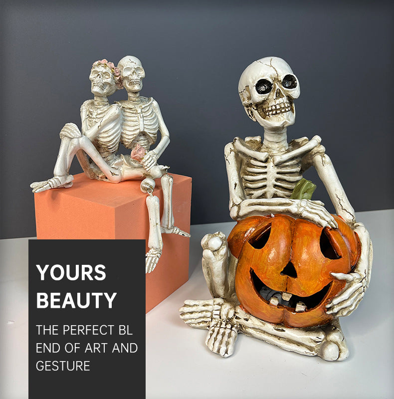 Halloween Skeleton Couple Pumpkin Gothic Resin Decor