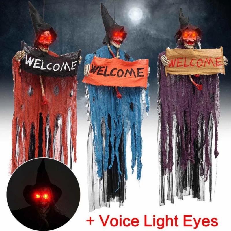 Hanging Ghost Decoration With Glowing Red Eyes Display