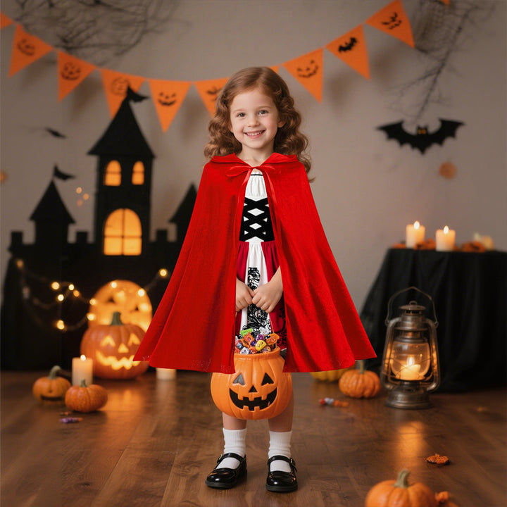 Girls Halloween Costume Set with Shiny Red Hooded Cape