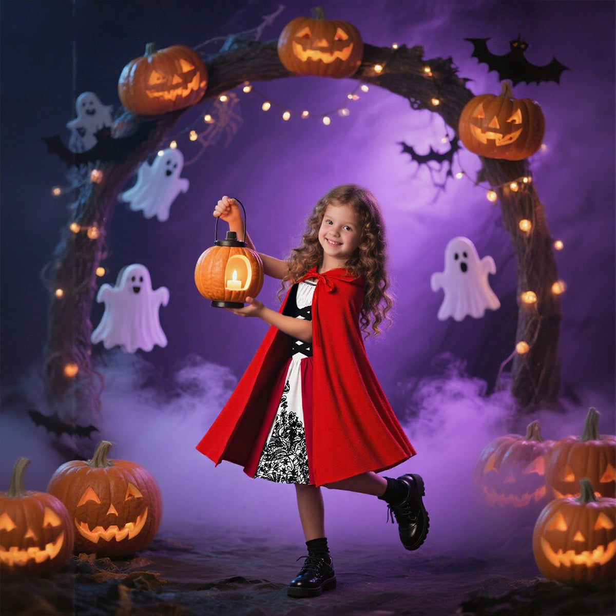 Girls Halloween Costume Set with Shiny Red Hooded Cape
