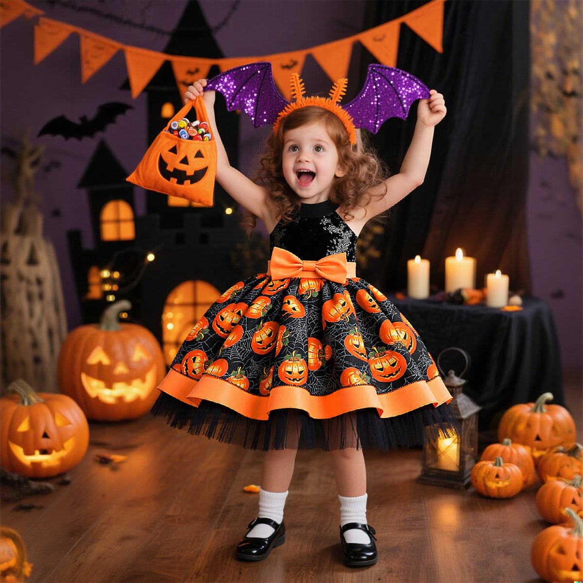 Halloween Girls Dress — Pumpkin Print Princess Look