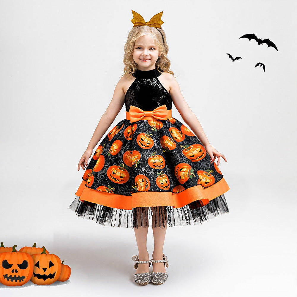 Halloween Girls Dress — Pumpkin Print Princess Look