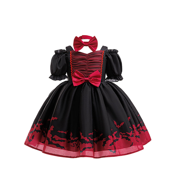 Girls' Halloween Princess Dress With Bat-Print Trim
