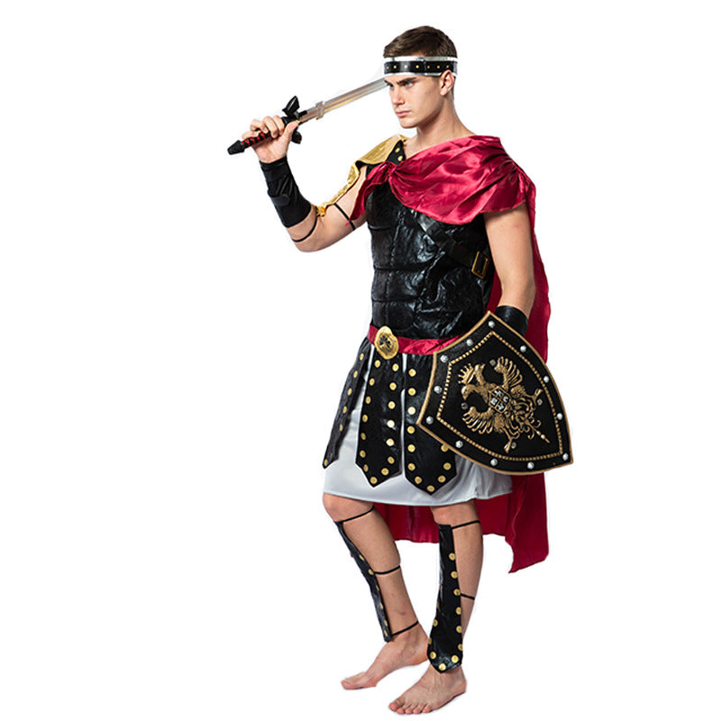 Roman Warrior Costume With Cape, Shield And Toy Sword