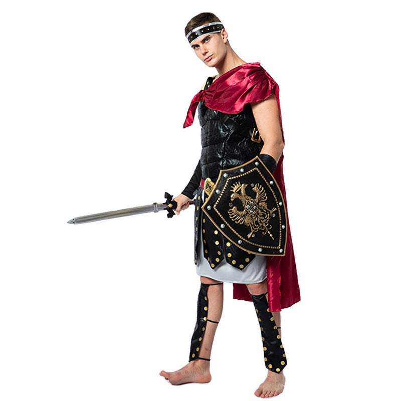 Roman Warrior Costume With Cape, Shield And Toy Sword