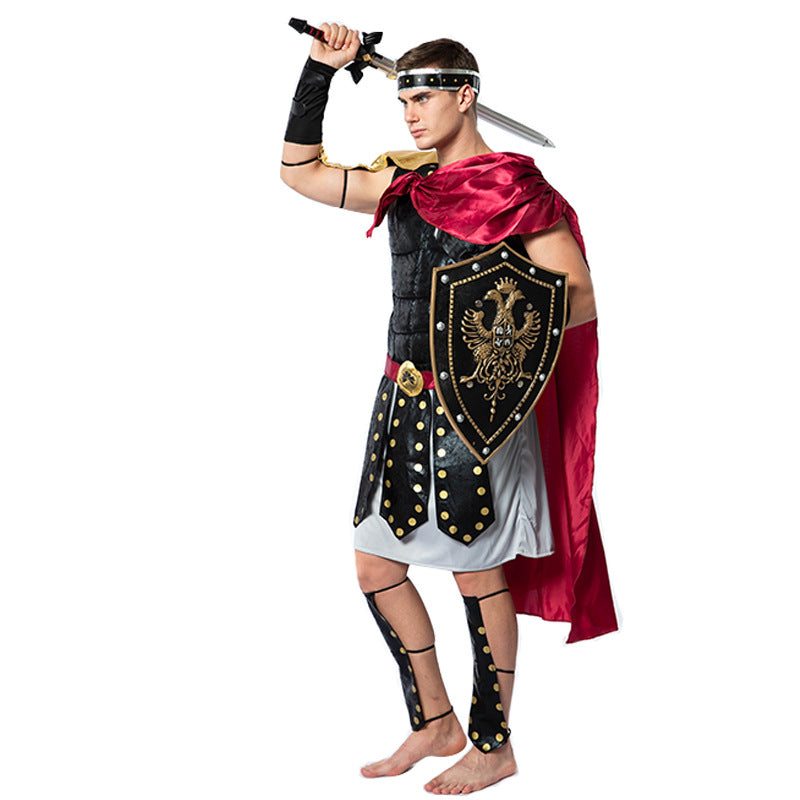 Roman Warrior Costume With Cape, Shield And Toy Sword