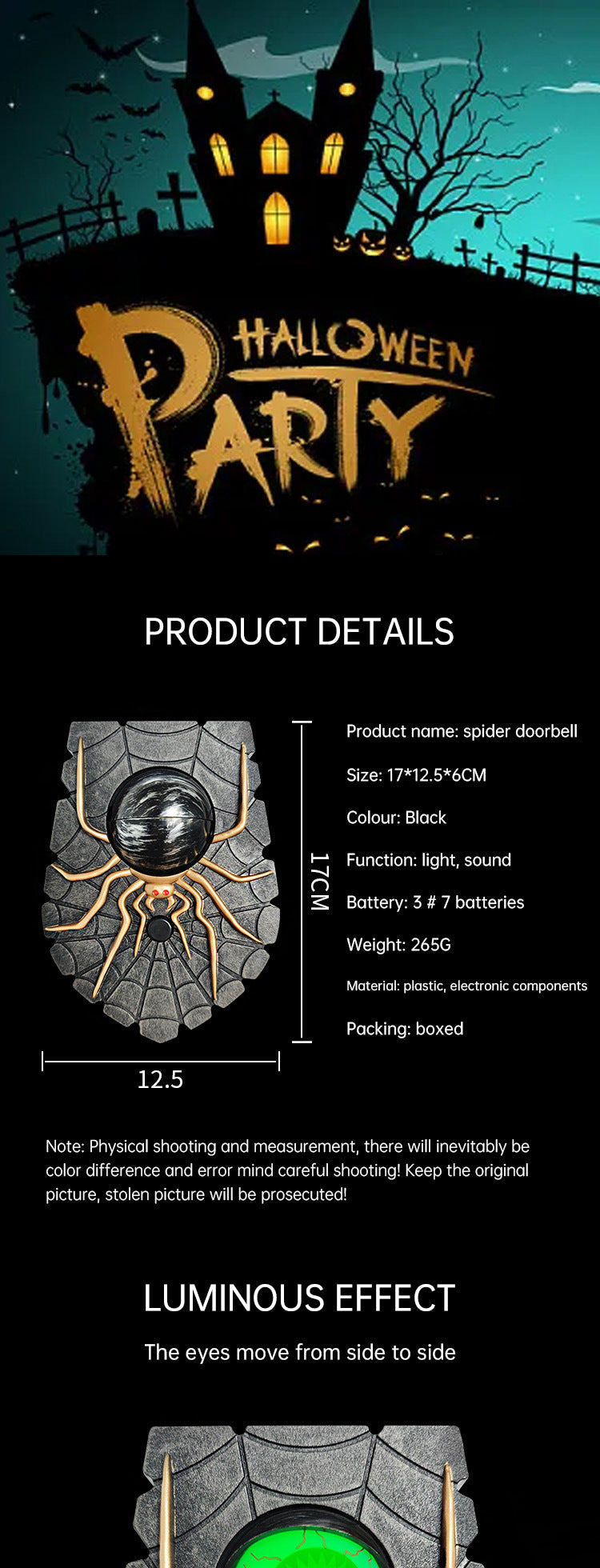 One-Eyed Spider Doorbell | Glowing Halloween Decor