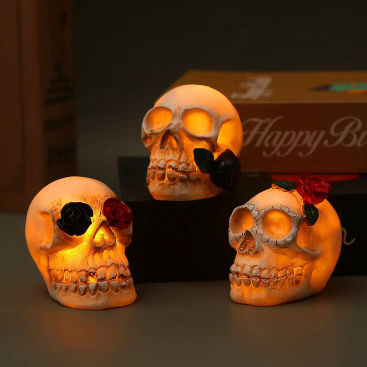 Halloween Skull Ornaments With Warm Amber LED Glow