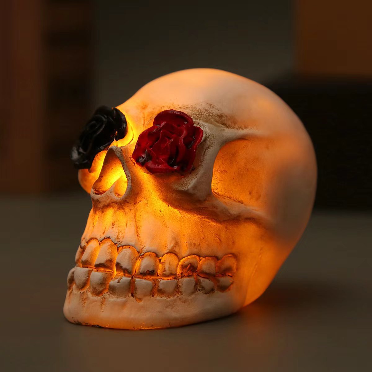 Halloween Skull Ornaments With Warm Amber LED Glow