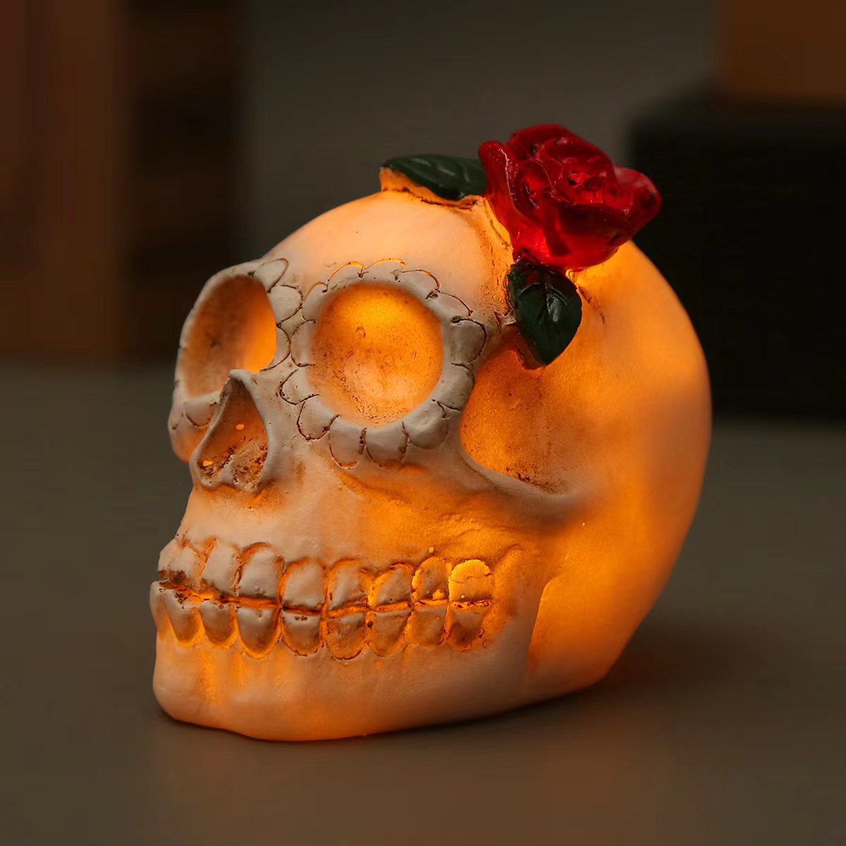 Halloween Skull Ornaments With Warm Amber LED Glow
