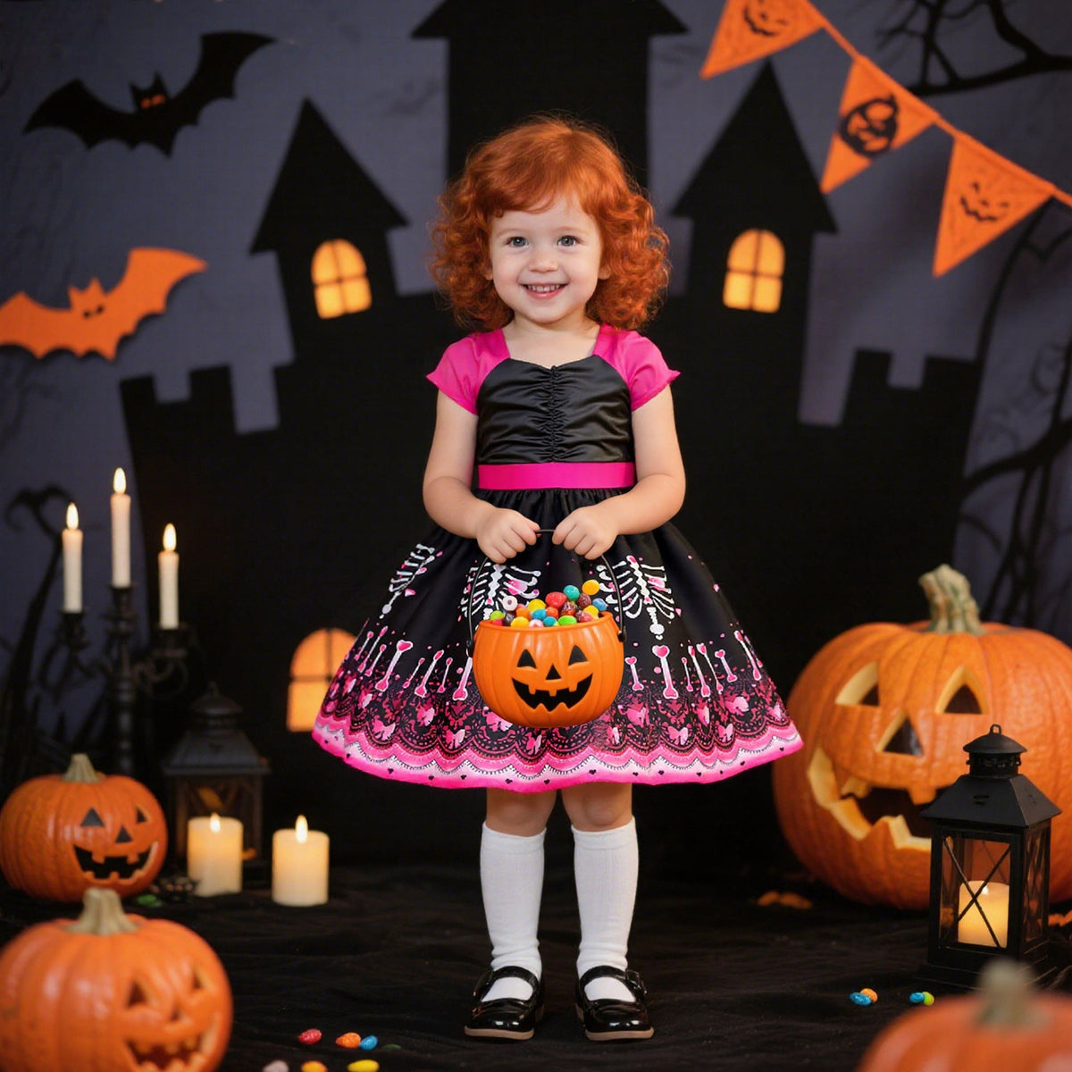 Halloween Princess Costume Dress With Skeleton Print