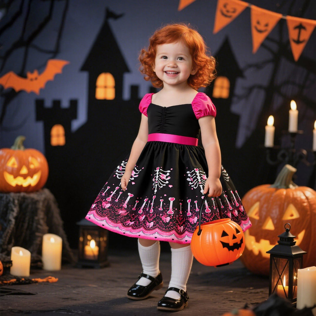 Halloween Princess Costume Dress With Skeleton Print