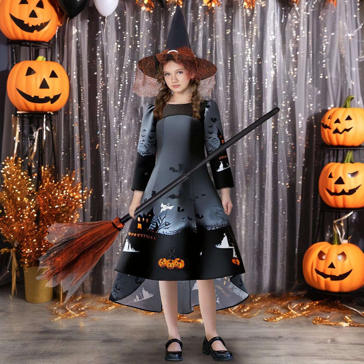 Girls Halloween Costume Dress With Witchy Silhouette