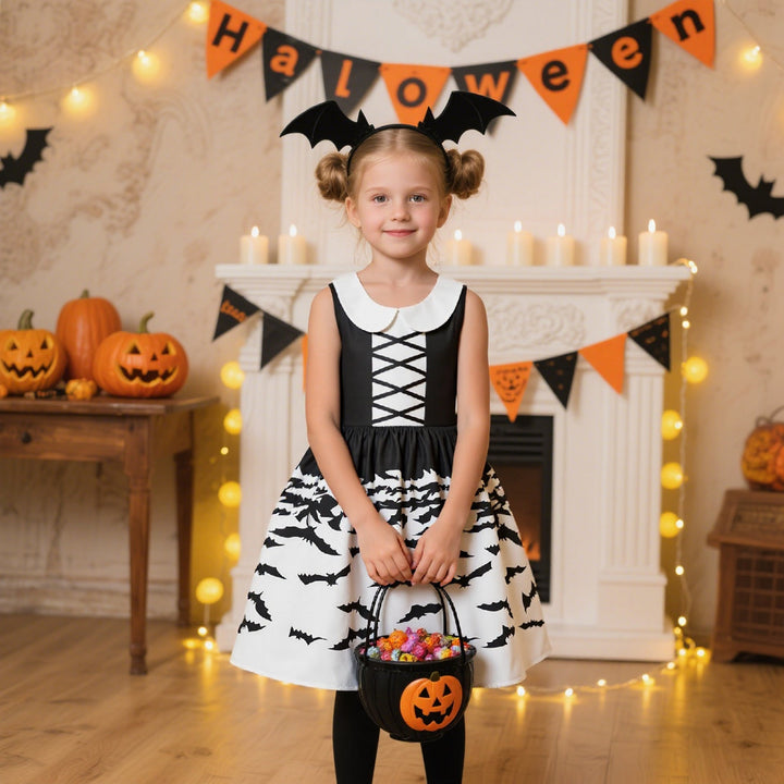 Halloween Princess Dress for Girls, Bat Print & Candy Bag