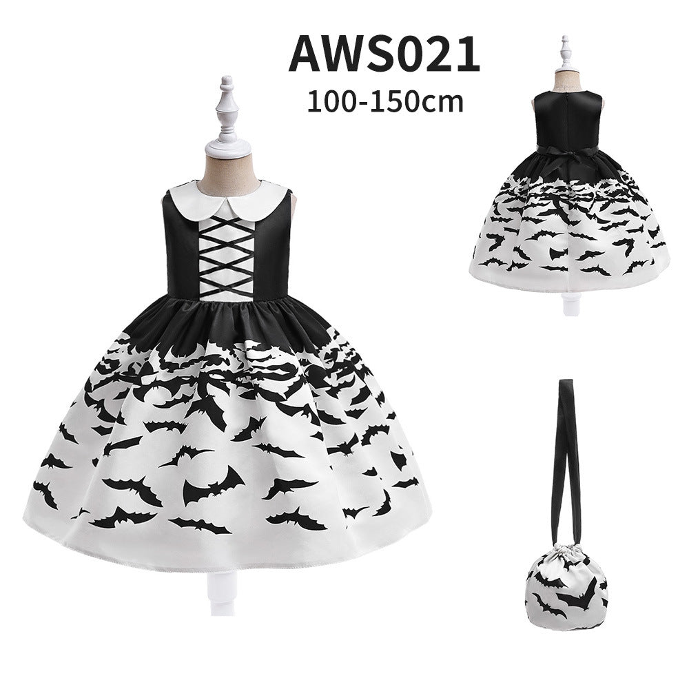 Halloween Princess Dress for Girls, Bat Print & Candy Bag