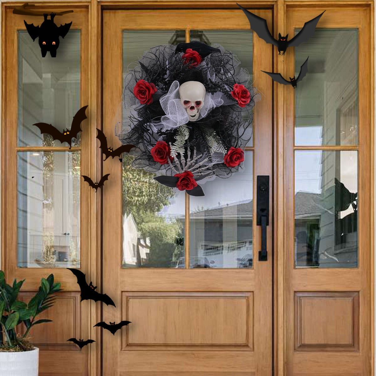 Halloween Skull Rose Wreath for Gothic Door Decoration