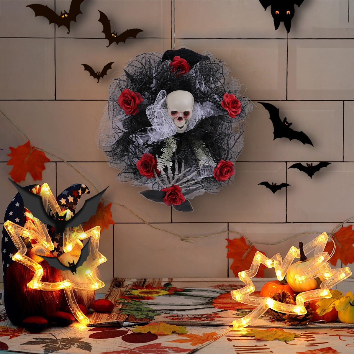 Halloween Skull Rose Wreath for Gothic Door Decoration