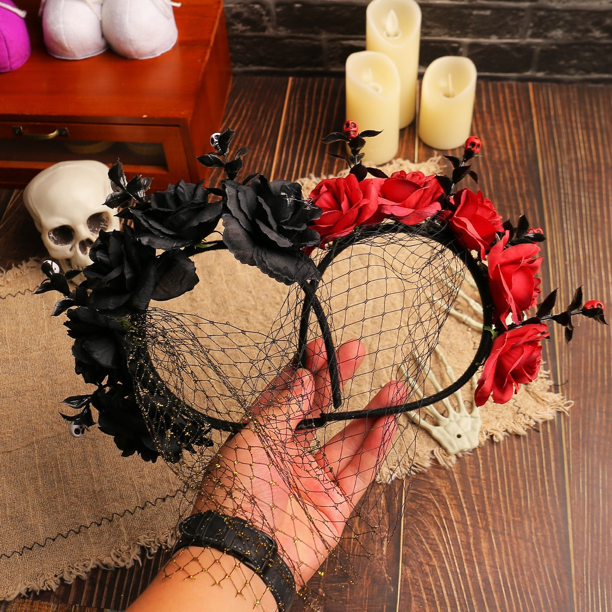 Halloween Rose Veil Headband for Dramatic Gothic Looks