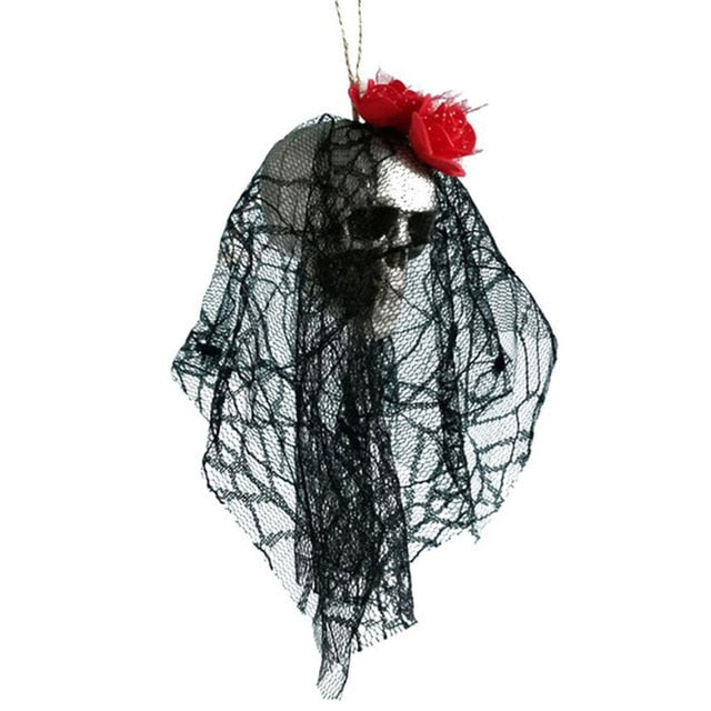 Hanging Skull Halloween Prop with Black Veil Decor
