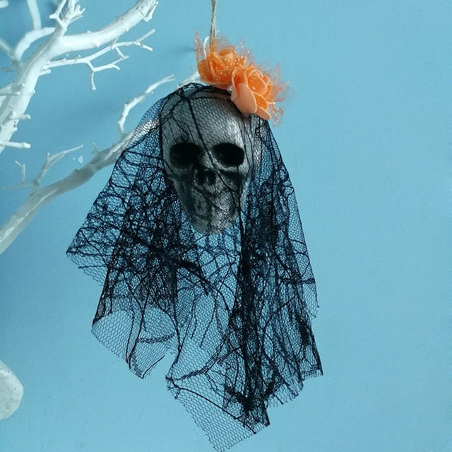 Hanging Skull Halloween Prop with Black Veil Decor