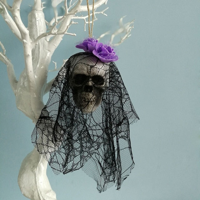 Hanging Skull Halloween Prop with Black Veil Decor