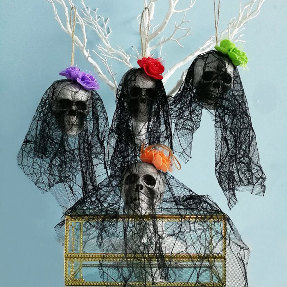 Hanging Skull Halloween Prop with Black Veil Decor