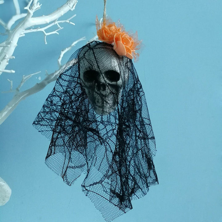 Hanging Skull Halloween Prop with Black Veil Decor
