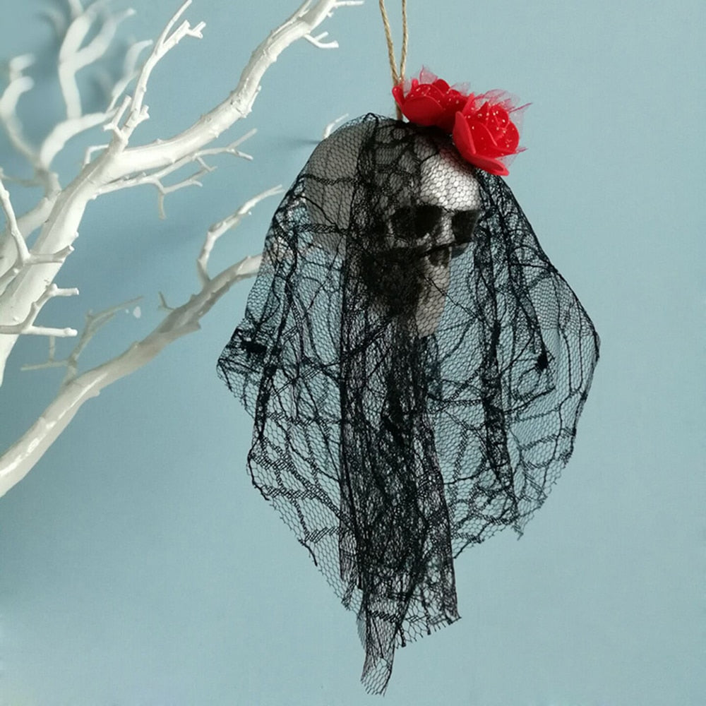 Hanging Skull Halloween Prop with Black Veil Decor