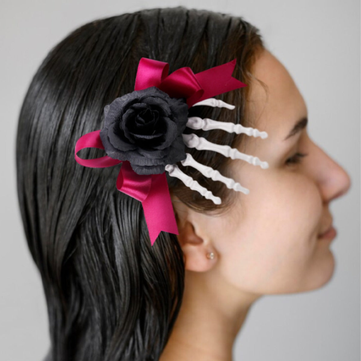Skeleton Hand Hair Clip – Gothic Halloween Rose Bow