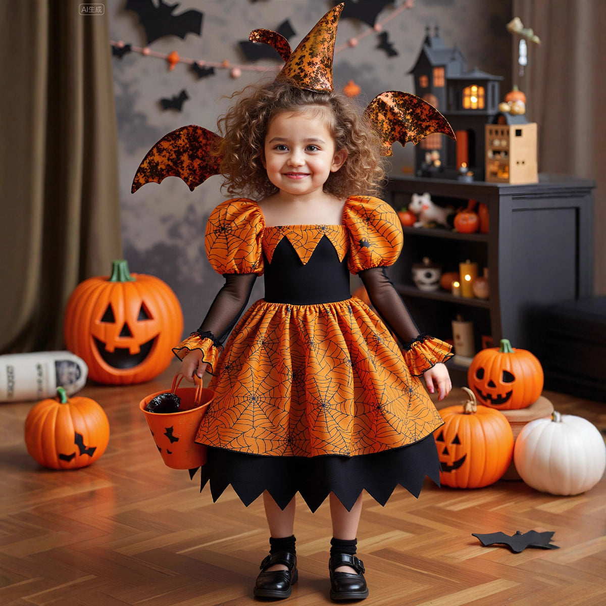 Girls' Halloween Witch Princess Dress with Puff Sleeves